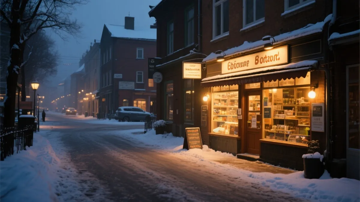 冬日城市一隅的小店外景，温暖灯光映出希望与从容的氛围